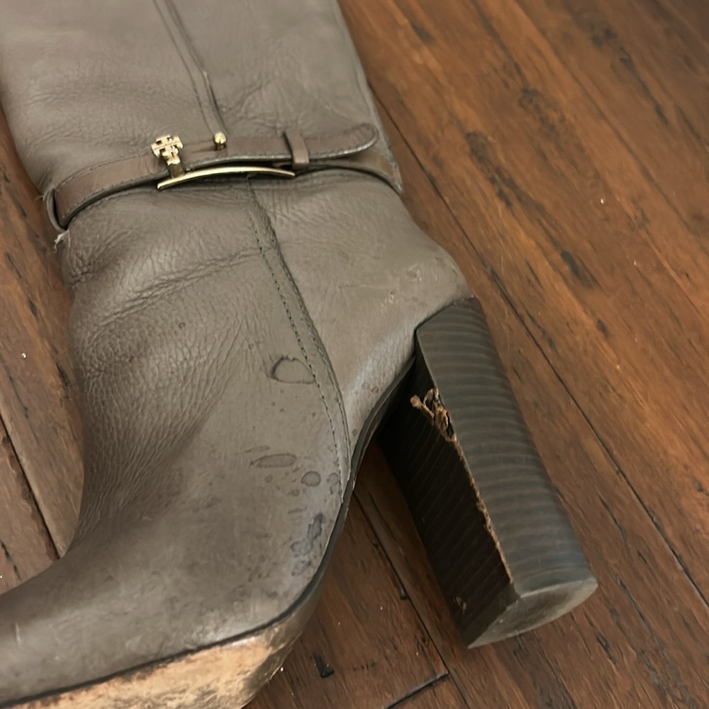 Tory Burch Taupe Leather Mid-Calf Heeled Boots with Gold Logo Strap - Picture 5 of 5